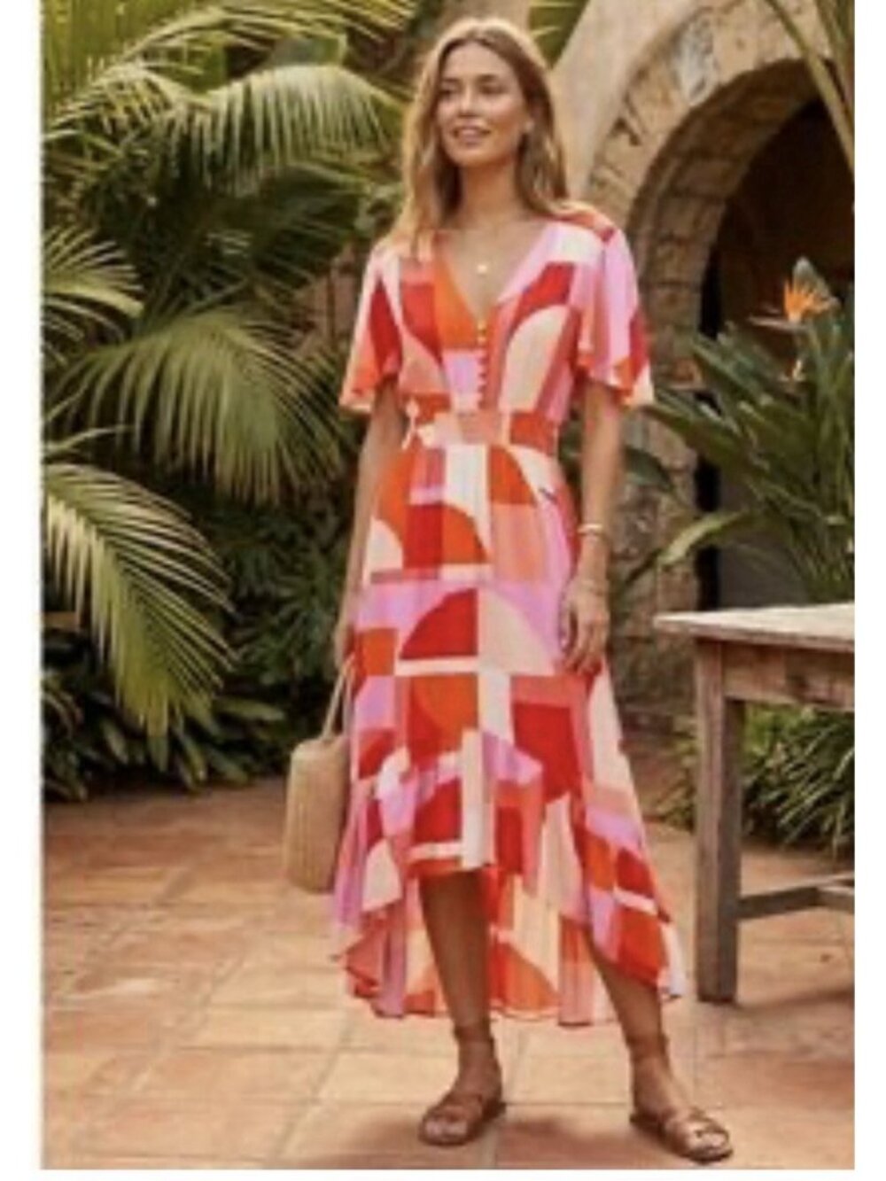 Abel The Label Dress Medium Flutter Sleeve HiLow Elastic Waist Pink Orange